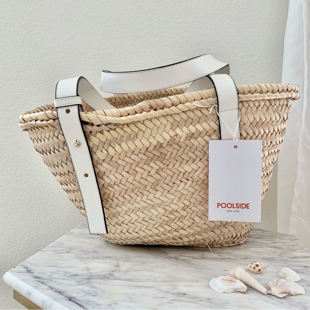 🏝️ POOLSIDE Essaouira Small White Real Leather Straw Basket Bag - Picture 6 of 16